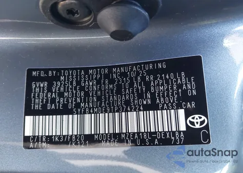 2026 Toyota Corolla Le z USA, uszkodzony, nr VIN 5YFB4MDE9TP374224